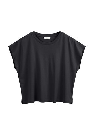 Schwarzes, kurzärmeliges, locker sitzendes, kurz geschnittenes T-Shirt mit rundem Ausschnitt und kleinen seitlichen Schlitzen, Größe Medium.