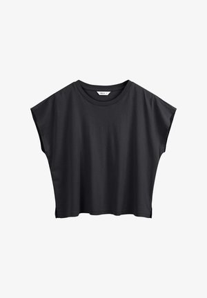 Schwarzes, kurzärmeliges, locker sitzendes, kurz geschnittenes T-Shirt mit rundem Ausschnitt und kleinen seitlichen Schlitzen, Größe Medium.