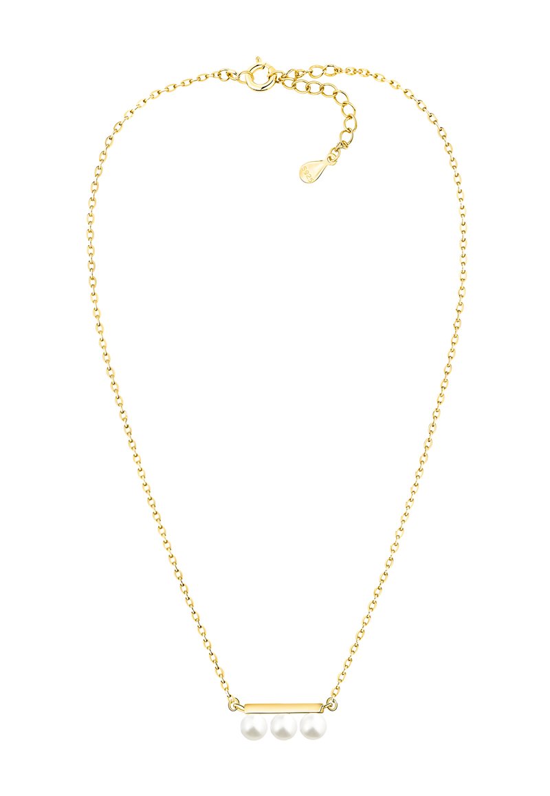 Guldkæde med tre hvide perler hængende fra en vandret stang. Kæden har en krabbe-lås og forlængelse.
