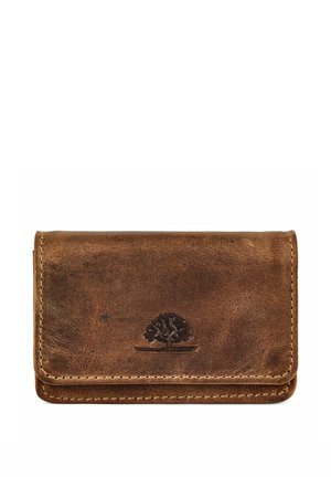 Brown leather wallet with embossed tree logo centered on the front flap and visible stitching around the edges.