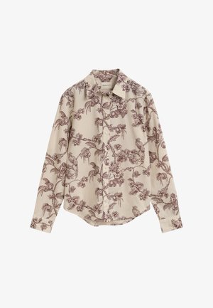 Lange mouw knoopshirt van beige stof met een bordeauxrood bloemen- en vogelpatroon, voorzien van een klassieke kraag en een afgeronde zoom.