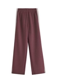 Bordeauxfarbene weit geschnittene Hosen aus weichem Material, mit einem elastischen Bund und weißen Seitenstreifen. Flache Nähte ohne Taschen.