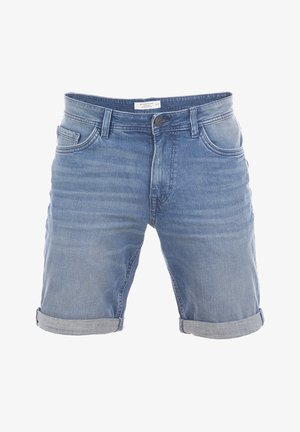 Shorts in denim di colore azzurro chiaro, con un classico design a cinque tasche, risvolti e una texture sbiadita. Chiusura con bottone metallico e zip.