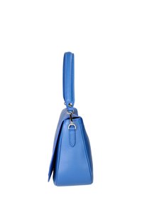 Borsa a mano in pelle blu con una forma strutturata, texture liscia, un manico singolo e una chiusura superiore sicura. I dettagli includono finiture in argento.