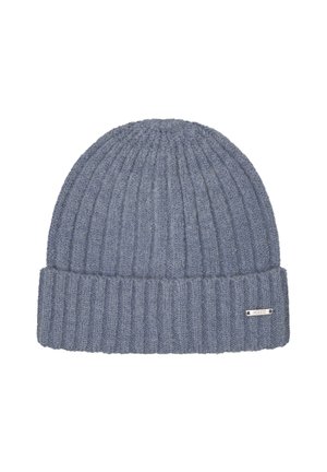 Gray ribbed knit beanie with folded cuff and small rectangular metal label on the side against a white background.