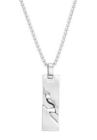 Zilveren hanger in de vorm van een rechthoek met een uitgesneden golfontwerp. Bevestigd aan een ketting met ronde schakels.