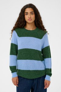 Pull en tricot avec des rayures vertes et bleu clair. Il présente un col rond et des manches longues. Texture douce avec une coupe décontractée.