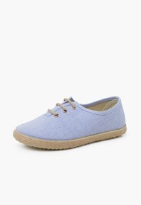 Scarpe di tela azzurro chiaro con punta rotonda, dotate di due occhielli metallici, abbinate a una suola in fibra naturale dalla texture. 