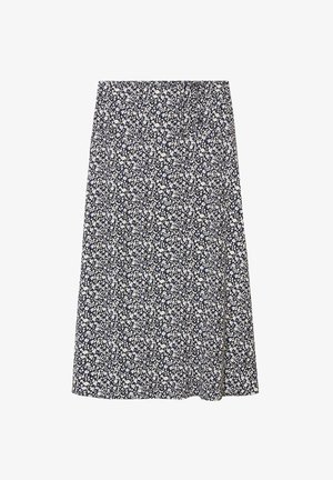 Marynarski midi spódnica w kwiaty z białym i jasnoniebieskim wzorem małych kwiatków. Posiada luźny krój i miękki materiał.