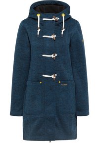 Blå texturerad fleecejacka med huva, som har plattor, vita dragsnören och två framfickor. Anmärkningsvärda bruna detaljer.