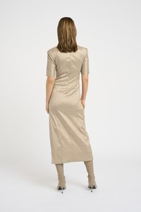 Duga, bež saten haljina s kratkim rukavima i detaljima na stražnjem šavu. Nosita s odgovarajućim čizmama do međunožja i elegantnim siluetom.