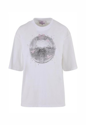 Biała bawełniana koszulka z krótkim rękawem, ozdobiona grafiką srebrnej kuli dyskotekowej, przyozdobioną różowymi kokardkami i małymi różowymi kryształkami.