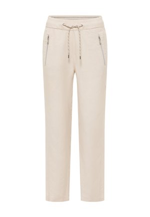 Béžové ležérní kalhoty s elastickým pasem, stahovací šňůrkou a zipovými bočními kapsami, střih s rovnými nohavicemi.