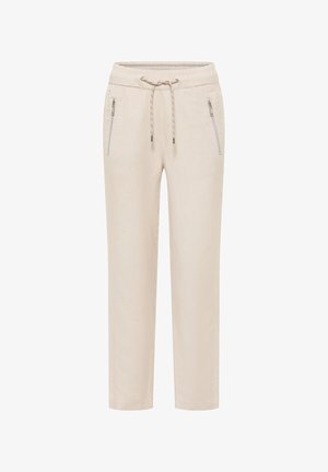 Pantalones casual beige con cintura elástica, cordón ajustable y bolsillos laterales con cremallera, corte recto en las piernas.