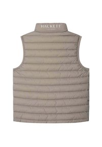 Gilet imbottito beige con cuciture orizzontali, colletto alto e logo "HACKETT LONDON" ricamato sul retro. Tessuto leggero.