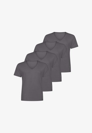 Vier schlichte dunkelgraue T-Shirts mit kurzen Ärmeln und V-Ausschnitt, gestaffelt auf weißem Hintergrund angeordnet.