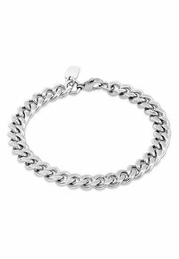 Bracciale in metallo argentato con maglie intrecciate e finitura lucida, chiuso da un piccolo gancio.