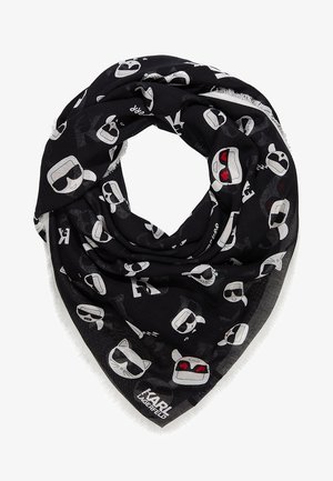 Czarny kwadratowy szalik z białymi kreskówkowymi twarzami w okularach przeciwsłonecznych i czerwonymi sercami, logo Karl Lagerfeld w rogu.