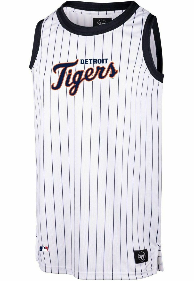 Camiseta sin mangas blanca con rayas marinas, logo de "Detroit Tigers" en naranja y marino, ribete negro alrededor del escote y las sisas, aberturas laterales.