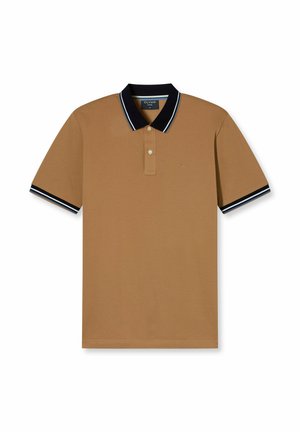 Braunes Poloshirt mit einem schwarzen Kragen und gestreiften marineblauen Akzenten. Verfügt über drei Knöpfe und kurze Ärmel für einen klassischen Schnitt. Glatte Textur.