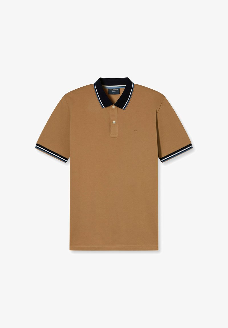 Bruine polo met een zwarte kraag en gestreepte marineblauwe accenten. Voorzien van drie knopen en korte mouwen voor een klassieke pasvorm. Glad texture.