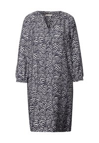Marineblaues Kleid mit Wellenmuster in Weiß, V-Ausschnitt und drei Viertel Ärmeln. Hergestellt aus leichtem Stoff mit lockerem Schnitt.