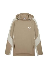 Sudadera con capucha beige con acentos blancos, bolsillo canguro y cordones. Presenta un pequeño logo blanco en el pecho y un acabado texturizado.