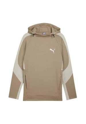 Sudadera con capucha beige con acentos blancos, bolsillo canguro y cordones. Presenta un pequeño logo blanco en el pecho y un acabado texturizado.