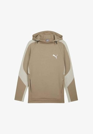 Sudadera con capucha beige con acentos blancos, bolsillo canguro y cordones. Presenta un pequeño logo blanco en el pecho y un acabado texturizado.