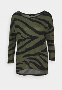 Grün-schwarz gestreiftes Langarmshirt mit lockerem Schnitt und rundem Ausschnitt. Weicher Stoff mit leichtem Schimmer und abgerundetem Saum.