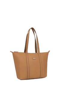 Borsa tote sintetica color tan con due lunghe maniglie, forma rettangolare, texture liscia e una cucitura verticale a contrasto sul davanti.