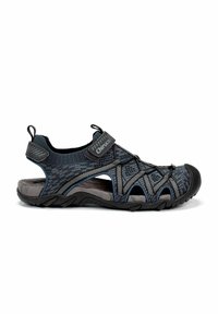 Herrsandaler med ett övre i mörkbl�ått och grått vävt material, gummisula, justerbar bungee-snörning, öppen design och förstärkt tåhätta.