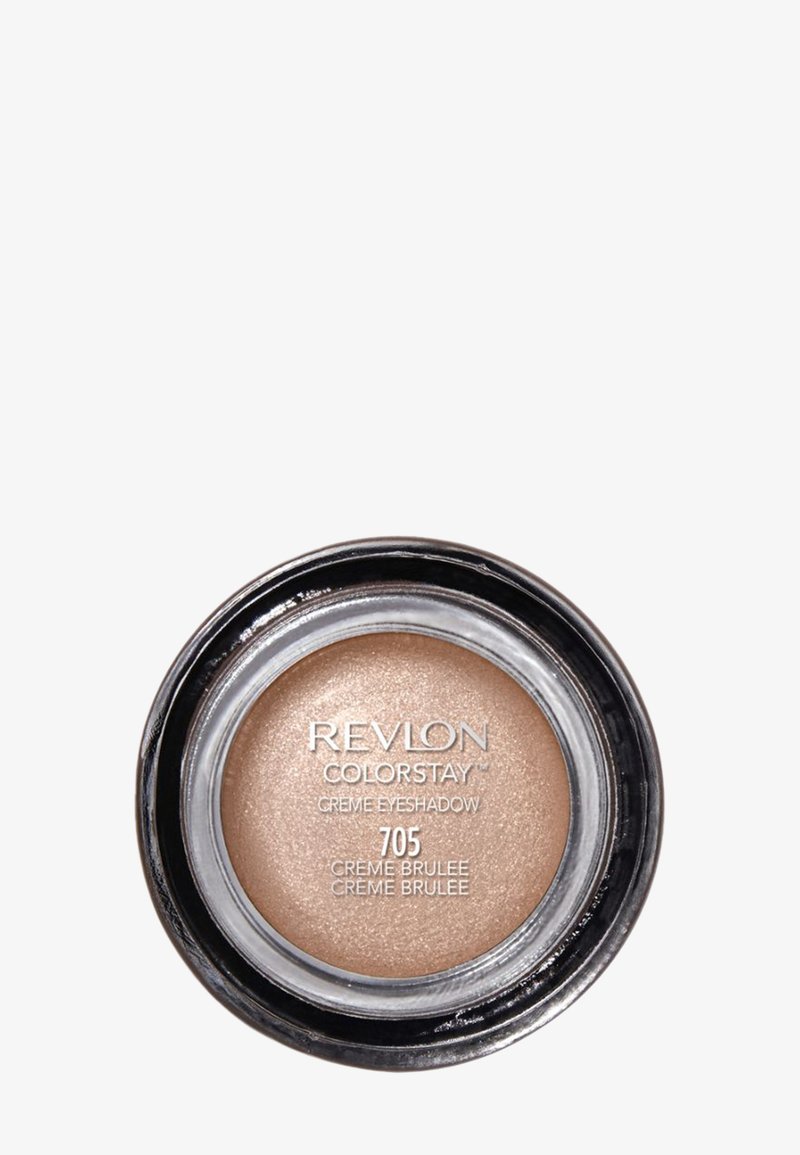Revlon Colorstay Crème Lidschatten in der Nuance 705, präsentiert in einem runden, durchsichtigen Kunststoffbehälter mit schwarzem Deckel und einer cremigen, beigen Textur.