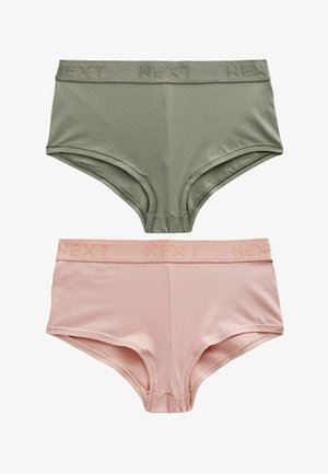Dve pare ženskih hipster hlačk v olivno zeleni in svetlo rožnati barvi. Mehka bombažna tkanina z elastičnimi pasovi z blagovno znamko. Klasičen kroj.
