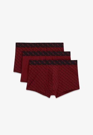 Ensemble de trois boxers en rouge foncé, présentant un motif texturé et une ceinture noire avec des accents de logo. Tissu lisse avec une coupe ajustée.