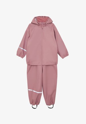 Kinder-Duschtrosaunem Regenjacke mit Kapuze und passenden Hosen mit elastischen Bündchen und reflektierenden Streifen an Ärmeln und Beinen.