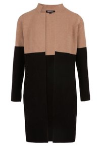 Knit cardigan with a straight silhouette featuring tan and black color blocks. Open front, long sleeves, and textured fabric.