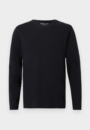 T-shirt preto de manga longa feito de tecido macio. Apresenta um decote redondo e um corte reto, sem padrões ou elementos visíveis.