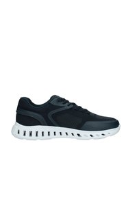 Black athletic shoes featuring a mesh upper, textured accents, and a white rubber sole with ventilation cutouts for breathability.