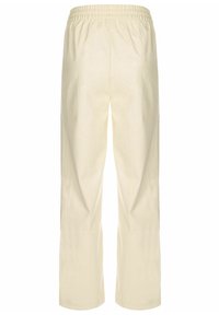 Cremefarvede bukser med elastisk talje, lige snit og ingen synlige lommer. Stoffet ser glat og let ud.
