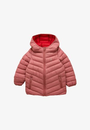 Otroška roza prešita puhasta jakna s kapuco, sprednja zadrga, dva žepa z zadrgo in rdeča notranjost.