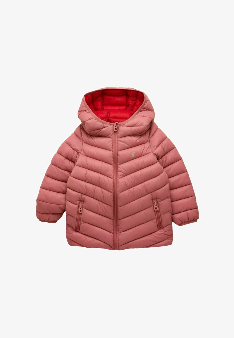 Doudoune matelassée rose pour enfants avec capuche, fermeture éclair frontale, deux poches zippées et doublure intérieure rouge.