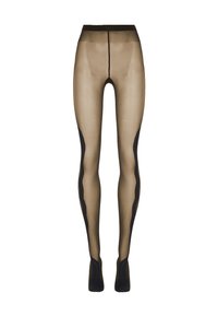 Gennemsigtige brune strømpebukser med sorte accenter, der har et kontrasterende buet design langs siderne og en høj talje.