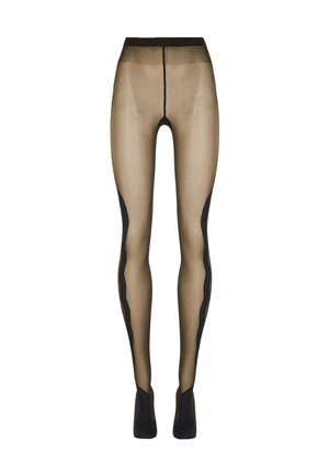 Collant sheer marroni con accenti neri, caratterizzati da un design curvo a contrasto lungo i lati e una vita alta.