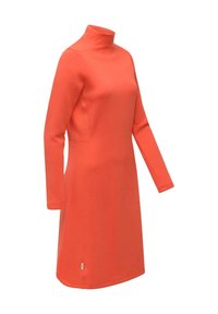 Orangenes Langarmkleid mit Stehkragen, das ein einfaches A-Linien-Design und eine glatte Textur aufweist. Enthält ein kleines metallisches Etikett am Saum.