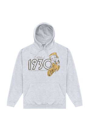 Szary bawełniany hoodie z kieszenią na przodzie, kapturem na sznurki i graficznym nadrukiem postaci na motocyklu z napisem "Założono w 1930 roku".