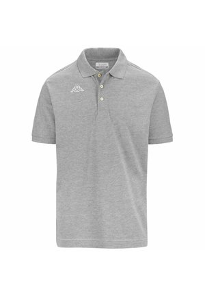 Polo grigio realizzato in cotone, con colletto a due bottoni, maniche corte e un piccolo logo bianco sul lato sinistro del petto.