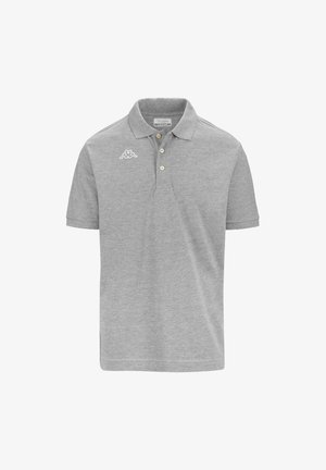 Polo grigio realizzato in cotone, con colletto a due bottoni, maniche corte e un piccolo logo bianco sul lato sinistro del petto.