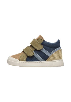 Children's high-top sneakers in tan, green, and navy suede with Velcro straps, a textured woven back, and a white rubber sole.