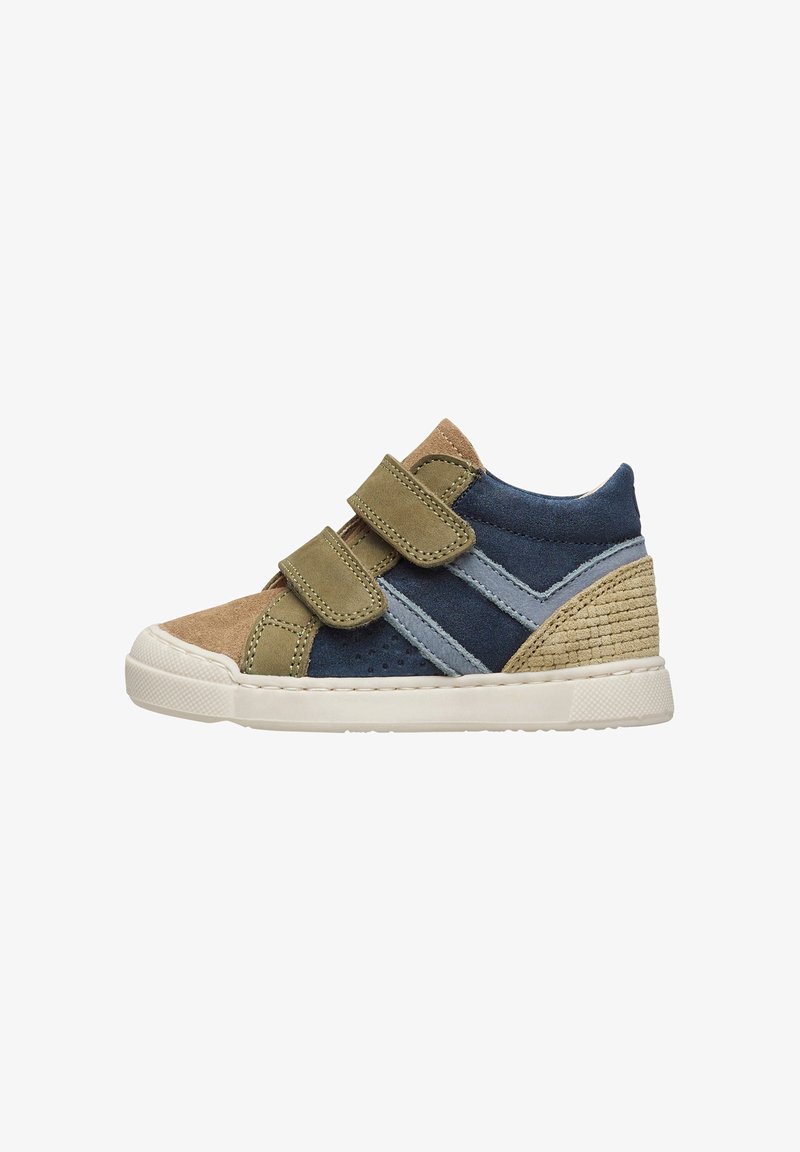 Children's high-top sneakers in tan, green, and navy suede with Velcro straps, a textured woven back, and a white rubber sole.